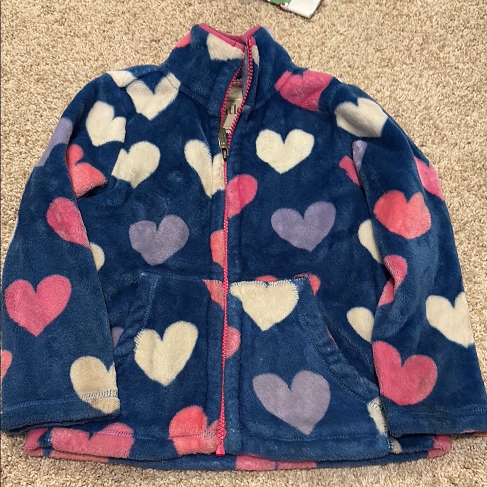 Kids Heart-Print Fleece Jacket - Navy with Pink & Cream Hearts